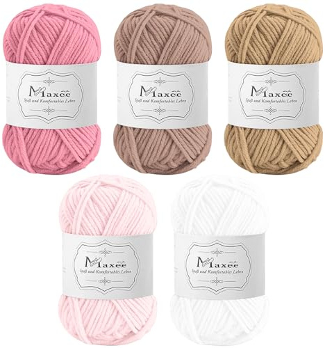 Maxee Häkelgarn 250g (50g*5 Farbe), Acryl Wolle Zum Stricken, Garn zum Häkeln und Stricken, Hand Knitting Yarn Set, Handstrickgarn Baumwollgarn für Häkeln, Wolle zum Stricken und Kunsthandwerk