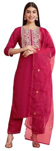 VredeVogel Dam sidenblandning broderad kurta med byxor och Dupatta set, Gul, XL