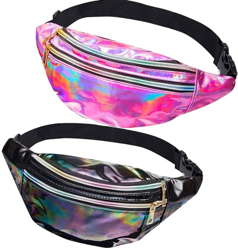 JunD Metallic Bauchtasche Damen - Holografische Gürteltasche aus PU Leder, Wasserdicht und Reflektierend, 80er & 90er Jahre Retro-Stil (Rosa + Schwarz), 2 Stück
