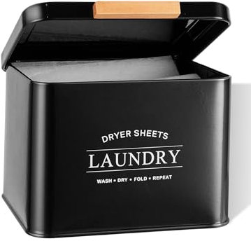 Candco Dryer Sheet Holder with Hinged Lid for Laundry Room Organization, Metal Farmhouse Dryer Sheet Container, Dryer Sheet Box Laundry Room Decor & Accessories (Black)