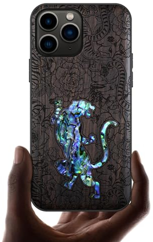 Carveit Etui pour iPhone 11 Pro Coque [Bois et Incrustation de Coquille] Souple TPU de Téléphone Compatible avec Apple 11 Pro Étui (Bois Sombre-Un Tigre au Milieu des Fleurs)