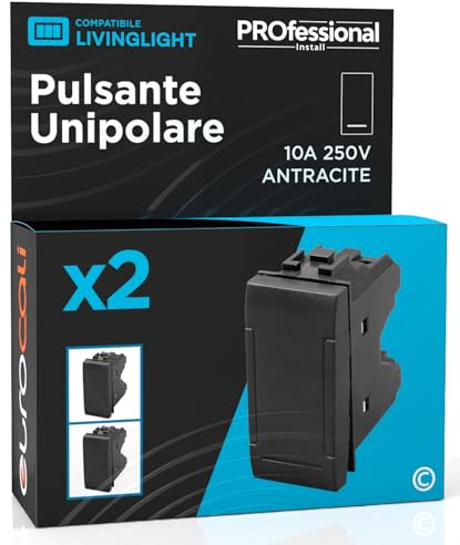 Pulsante Unipolare 10A 250V Compatibile con BTicino Livinglight Tasto a Polo Singolo a Incasso da Muro Frutti Elettrici Colore Antracite - Confezione da 2