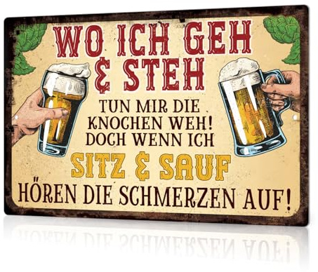Putuo Decor Lustige Bier Wanddeko - Wo ich geh und steh - Vintage Metall Schild für Bar, Küche, Partyraum (sitz & sauf)