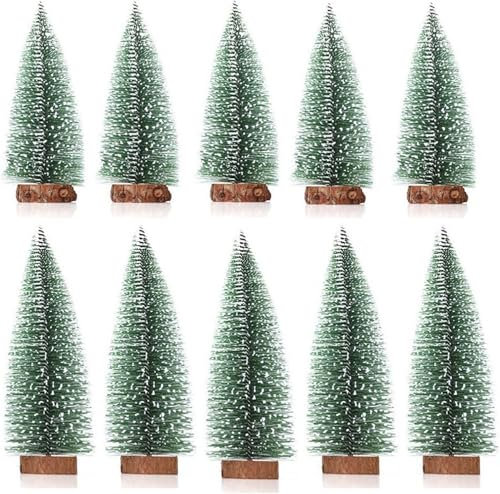 NIEEKRUN 10 Stück Mini Weihnachtsbäume, Künstliche Kiefern mit Holzsockel und Schnee-Effekt, DIY Kleine Tannenbäume Grün für Weihnachtsdeko und Party