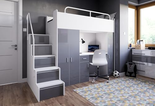 Marlux-Meble Hochbett Kinderbett JSM-5 80x190 mit Kleiderschrank Schreibtisch und Treppe Glanz Etagenbett Stockbett Jugendhochbett (Grafit Glanz)