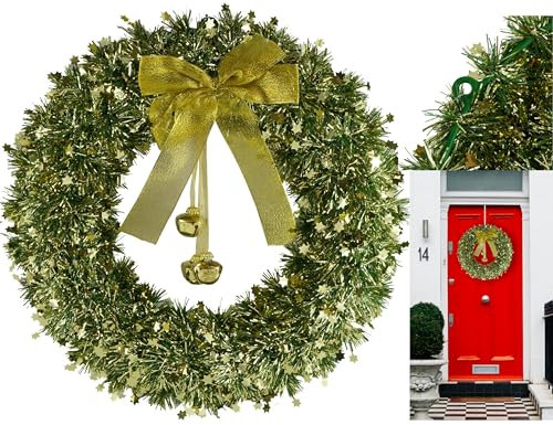 Couronne Verte pour Porte d'entrée à Suspendre 40 cm – Grande Couronne de Noël pour Porte funéraire avec Cloches et nœud en Ruban, Couronne d'hiver épaisse pour décorations de fenêtres