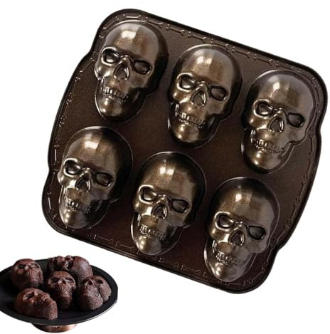 Totenkopf-Backform, goldene Totenkopf-Formen für Schokolade, 6 Mulden, temperaturbeständig, Halloween-Backform, Küchenhelfer für Kekse, Fondant, Kekse, Kuchen