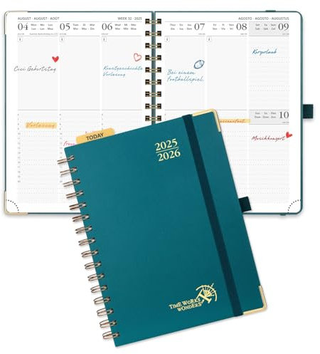 POPRUN Kalender 2025 2026 Buchkalender Ringbuch mit Hardcover, ca. A5 (21,5 x 16 cm), 17-Monate-Terminplaner (Aug.2025-Dez.2026), Wochenplaner 2025 2026 mit Plastiklineal - Pazifikgrün