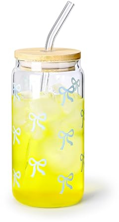 Koythin 17oz Blue Bow Tie Glass Iced Cup With Lid & Straw, Smoothie Tumbler