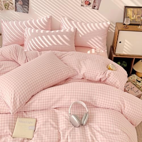 Covebett Housse de Couette 200x200 Rosa Blanc à Carreaux Vichy Parure de Lit Adulte Microfibre Géométriques Aesthetic Linge de Lit RéVersible avec Fermeture éClair 2 Taies d'oreiller 65x65 cm