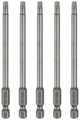 sourcing map 5pcs T25 Torx testa cacciavite bit 1/4 Hex Shank 4 (100mm) lungo magnetico senza foro punta a prova di manomissione 6 punti stella cacciavite trapano bit S2 acciaio industriale potenza