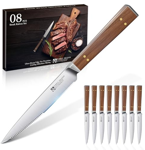 Purple Dragon Set de 8 Cuchillos para Filete Cuchillos para Filete con Cuchilla Ondulada y Mango de Madera Ergonómico Utensilios de Cocina en Acero Inoxidable de Regalo para Mudanza