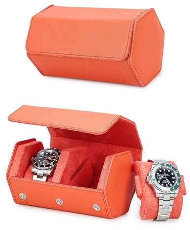 Hiram sexkantigt klockfodral, klocklåda i saffiano-läder för 2 klockor, sexkantigt läder 2-fack skyddsfodral för klockor, klockdisplay-organizer för män (orange)