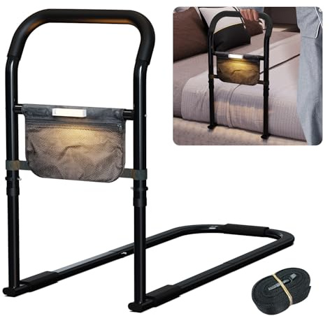 Zelvia Aufstehhilfe Bett für Senioren Höhenverstellbarer Bettgriff mit rutschfestem Handgriff abnehmbarem LED-Sensorlicht mit Tasche, Alltagshilfen für Senioren Schwangere Reha Patienten (Schwarz)