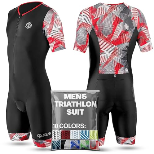 SLS3 Triathlon Suits Mens - Aerodynamic Sleeved Tri Suit Men – Lightweight Trisuit with Premium FX Fabrics - 2 Pockets (Black/Red Geo, Large)