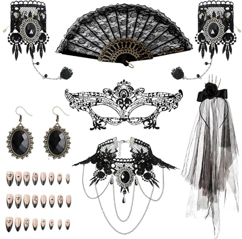 Gothic schmuck set,7PCS Steampunk Accessoires,Steampunks Halskette,Ohrringe | Armbänder,Handfächer,Haarschmuck Blumen,Nagel Aufkleber,für Halloween,Ostern,Karneval Gothic schmuck Kostüm Accessoires