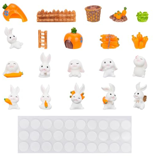 QZDAFFIC 20Pcs Bunny Cake Topper Rabbit Mini Figures with 30 Sticky Dots Christmas Easter Birthday Party Micro Garden Landscape