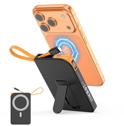 Power Bank für MagSafe iPhone 10000mAh, 3 in 1 Magnetische Schnellladen PowerBank for i-Phone 17/16/15/14/13/12, Wireless Powerbanks Handy mit integriertem USB-C Kabel & Ständer für Phone