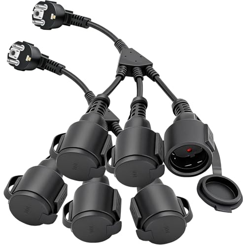 Rouzin Set med 2 x vattentäta utomhusuttag IP44 – 3 uttag, 34 cm kabel, uttagsdelare, uttag för utomhusbruk, med lock, kort förlängning för trädgård, camping och terrass