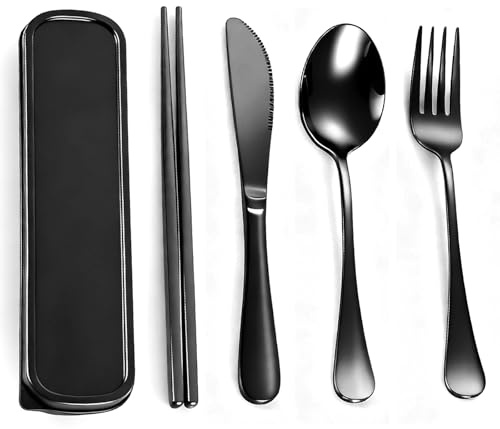 Muorruo 5-Piece Travel Cutlery Set With Case, Portable Stainless Steel Fork, Spoon, Knife, And Adult-Sized Chopsticks For Picnic, Camping, Lunchbox