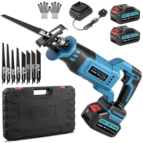 Worshow Reciprocating Saw, 0-4000 RPM Variable Speed Reciprocating Saws, 21V Cordless Wood Saw Electric, Electric Saws to Cut Metal, for PVC Cutting with 2 Batteries, 8 Sawing Blades, Fast Charger
