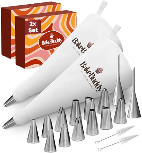 BakeBuddy Premium Spritzbeutel Set (11-teilig) - 35cm Baumwolle Spritzbeutel mit Tüllen aus Edelstahl zum Dekorieren von Torten, wiederverwendbar und spülmaschinenfest, inkl. Adapter & Geschenkbox 2X
