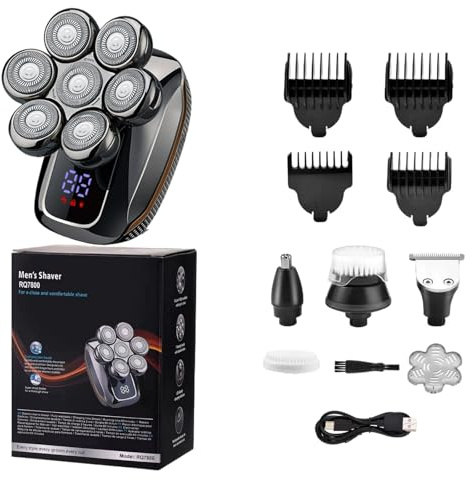 balduttop 7d Floating Head Glatzenrasierer Elektrorasierer, 5-in-1 wasserdichtes Pflegeset mit Präzisionstrimmer, Nasenhaarschneider, Gesichtsreinigungsbürste, USB wiederaufladbar für Nass- und