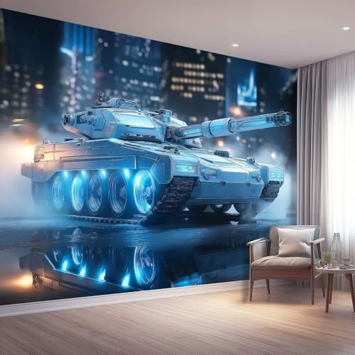 Fototapete Science-Fiction Vlies Tapeten 350 x 256 cm, Wandtapete Wohnzimmer Schlafzimmer Küche Dekoration Concealer, Blau Panzer Stadt