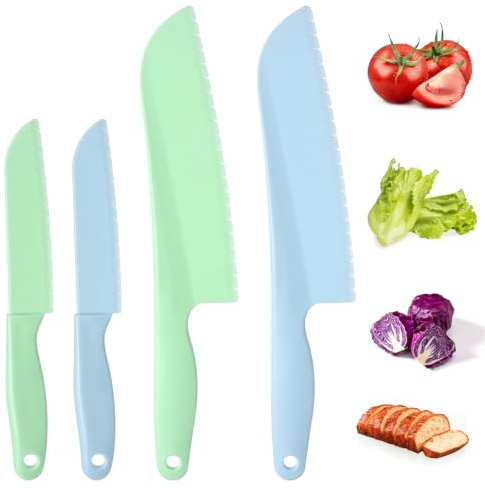 Mabor Plastic Lettuce Knife, 4Pcs Lettuce Knife to Prevent Browning | Professional Kitchen Cooking Plastic Serrated Knives for Vegetables Salad Fruits Cake Bread, 11 & 8 Inch, Blue & Green