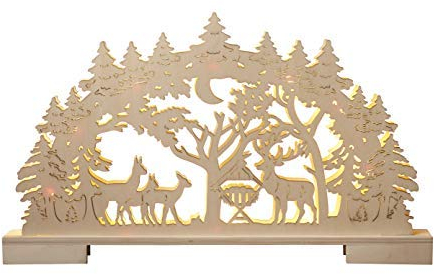 Bonetti LED Lichterbogen - Schwibbogen aus echtem Holz | mit 10 Led beleuchtet | warm-weiß | mit Timerfunktion | kabellos (Wald mit Futtekrippe)