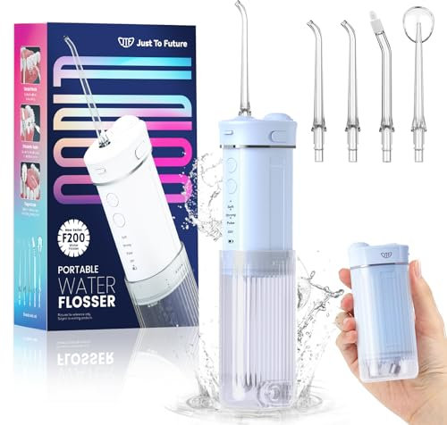 JTF Hydropulseur Jet Dentaire Portable Mini, Électrique Voyage Irrigateur Oral Detartreur Avec 5 Buses Rechange, 4 Modes Water Flosser, 230 ML Réservoir D'eau Escamotable, IPX7 Étanche(Bleu)