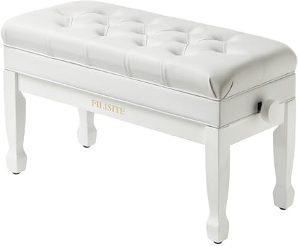 FILISITE Adjustable Duet Piano Bench with Storage, Heavy Duty Solid Wood Double Piano Stool Keyboard Bench Seat with PU Leather Padded Cushion (White)