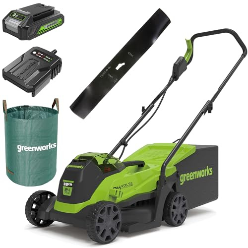 Greenworks 24V Kabelloser Akku Rasenmäher mit bürstenlosem Motor, 33cm Schnittbreite, 3 Jahre Garantie mit 24V Akku & Ladegerät-GD24LM33K2 + Greenworks 33cm Ersatzmesser + 120l Gartenabfallsack