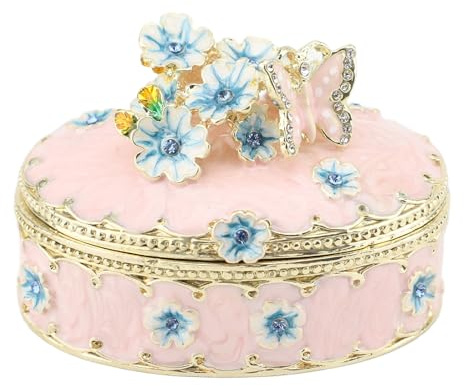 Yechiry Kleine Schmuckaufbewahrungsbox, Vintage-Emaille-Schmuckkästchen, Handbemalte Dekorative Ringe-Halsketten-Organizer (PINK)