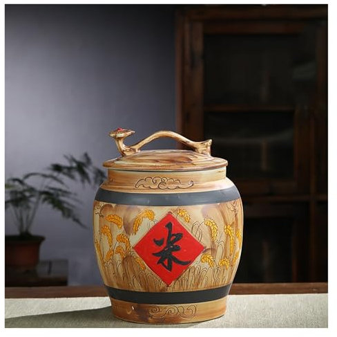 Large Capacity Ceramic Rice Bucket with Sealed Lid Grain and Rice Dispenser for Rice Soybeans and Flour 25KG Rice Storage Container