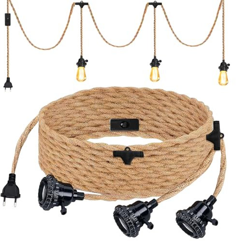 PORFOYO Hanging Kit di Lampade In Corda di Canapa, Portalampada E27 con Spina E Interruttore, 6.8 m Testa Singola Lampada a Sospensione Cavo Edison Retrò Lampada, 3 Lampada Senza Lampadina