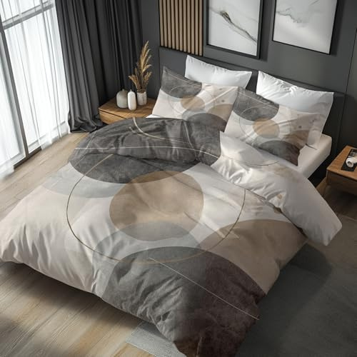 Generisch Housse De Couette 200x200 Géométrique Adulte Enfant, Parure De Lit Cercle Ligne Simple 2 Person avec Fermeture éclair, 2 Taie d'oreiller, Linge De Lit 100% Microfibre LS1598