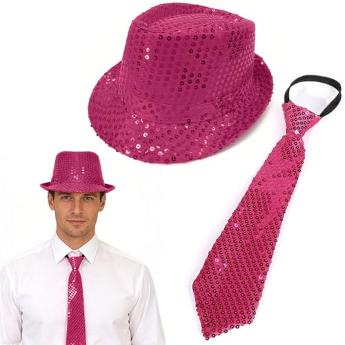 Chapeau à Paillettes Et Une Cravate, Unisexe, Tenue Disco, Accessoire, Carnaval, Costume, Fête à Thème, Rose