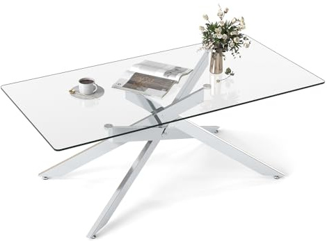 COSTWAY Tavolo da Caffè, Tavolino Salotto in Vetro Temperato con Gambe Incrociate in Metallo Placcato e Piedini Regolabili Antiscivolo, per Soggiorno e Ingresso, 120 x 60 x 45,5 cm (Argento)