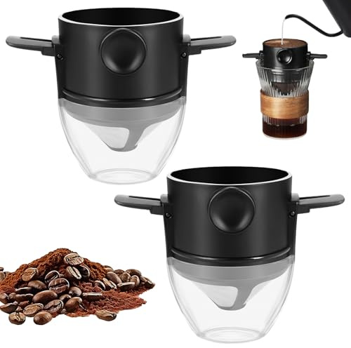 NINGYER 2 Pièces Filtre à Café Réutilisable Avec 2 Porte-Gobelets, 7,5 cm Filtre à Café Pliable Sans Papier pour Famille, Voyages et Camping (Noir)