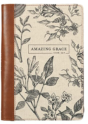 Christian Art Gifts Scripture Journal Brown/Cream Floral Printed Amazing Grace 2 Cor. 12:9 Bible Verse Inspirational Faux Leather Notebook, Zipper Closure, 336 Ruled Pages, Ribbon