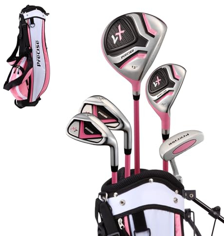Precise X7 Junior Complete Kids Golf Clubs Set - Boys & Girls Right Handed Kids Golf Set w/ Driver, Hybrid, Irons, Putter, Stand Bag & Headcovers - Youth Golfing Clubs Sets for Ages 9-12 - Pink