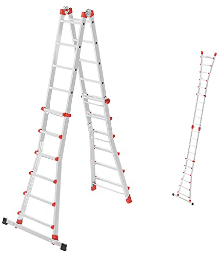 Hailo M80 Alu-Multifunktionsleiter - Mehrzweckleiter mit 4 x 6 Sprossen - variierbar durch 2 Sicherheitsgelenke - Arbeitshöhe bis 675 cm - Gewicht 19,5 kg - Silber