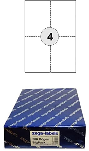2.000 Etiketten 105 x 148 mm perforiert und selbstklebend auf DIN A4 Bögen (2x2 Etiketten DIN A6) - 500 Blatt Bigpack - mit zusätzlicher Rückseiten Perforation zum Abreissen - f. Laser/Inkjet/Kopierer