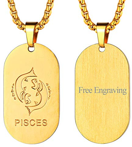Collier Prénom Personnalisé,Pendentif Homme Or Zodiaque Poissons Acier Inoxydable avec Chaîne 60cm,Bijoux Signe Astrologique Plaque à Graver Cadeau Anniversaire Personnalisable Garçon Femme