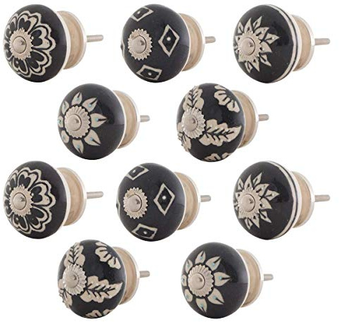 Knober Möbelknopf Keramik Porzellan Schwarz-Weiß handbemalt Landhausstil Shabby-Chic Kommodenknopf Kommodengriff (02. Mix-Set 10 Stück)