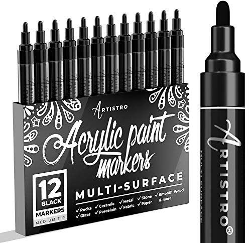Artistro 12 Acrylstifte Schwarz, Stifte für Steine, Zeichenstifte Felsmalerei, Keramik, Glas, Holz, Stoff, Metall, Leinwand, DYI, Acrylfarbe Permanent Marker Schwarz mit Medium-Feiner Spitze