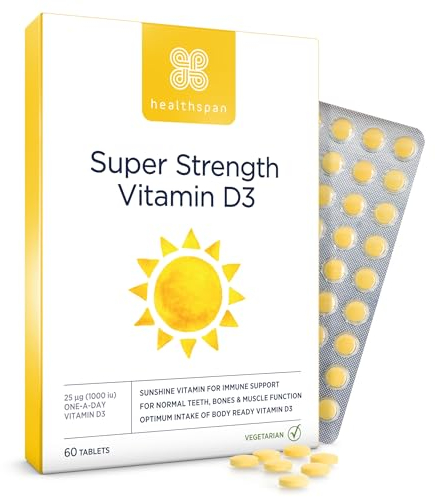 Healthspan Super Strength Vitamin D3 | Immune Health | Bone, Teeth & Muscle Health | Contains 1,000iu of Natural Source Vitamin D3 in Each Tablet | Vegetarian (60 Tablets)