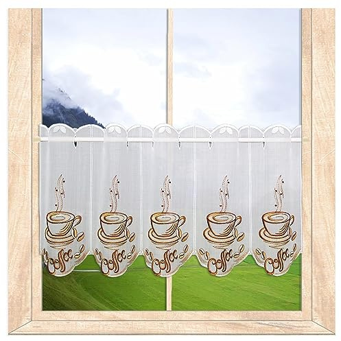 Küchen-Scheibengardine Coffee | Bestickt Weiß-Beige-Braun | HxB 35x128 cm | Hochwertiger halbtransparenter Kurzstore mit Kaffee-Motiv | Vogtländische Spitzen-Stickerei | atelier alles-Spitze