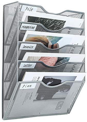 PAG 5 nivåer hängande väggfilhållare postorganiserare väggtidning fil brevställ, nät metall A4 väggmonterad dokumenthållare pappersförvaring, silver